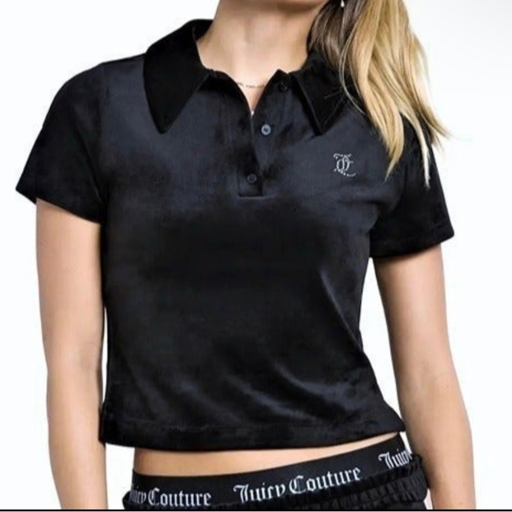 Juicy Couture Womens Crop Velour Polo Top  Crystal Logo Stretch Soft $59 Retail